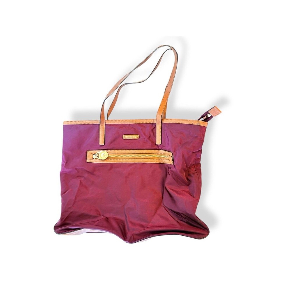 Michael Kors Kempton Nylon Tote Satchel Bag Burgundy Leather Trim